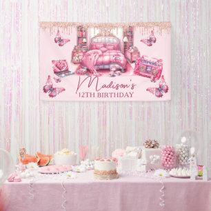 Roze Sleepover Meisje Verjaardag Gepersonaliseerd Spandoek