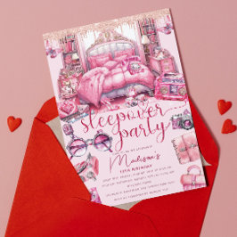 Roze Sleepover Meisje Verjaardag Glitter Kaart