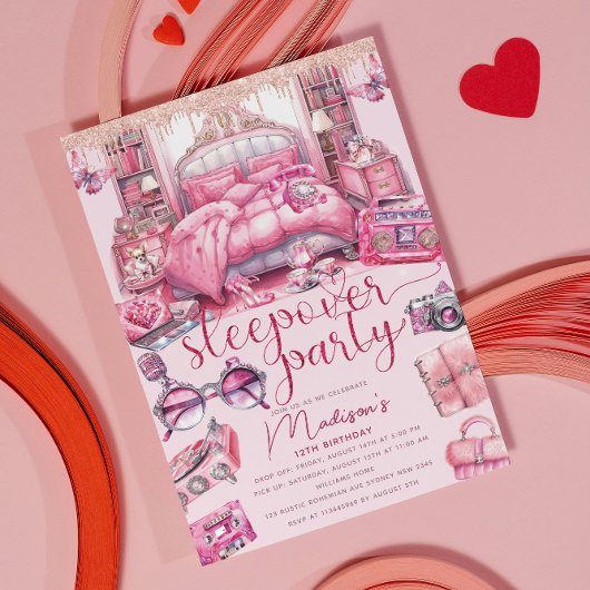 Roze Sleepover Meisje Verjaardag Glitter Kaart