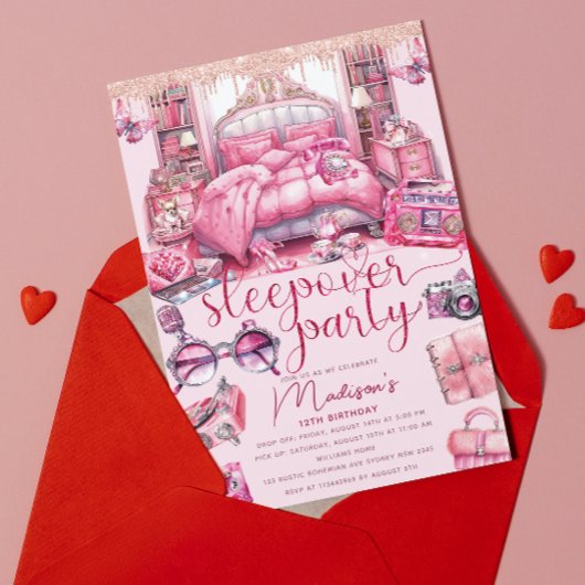 Roze Sleepover Meisje Verjaardag Glitter Kaart