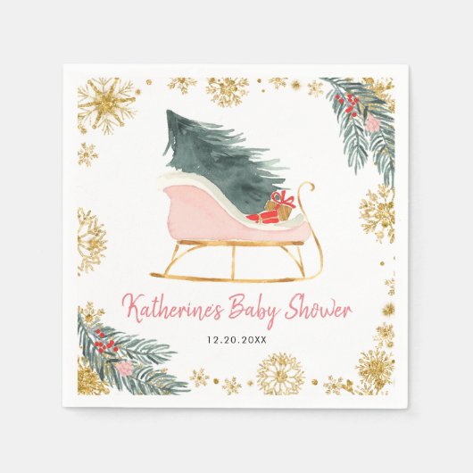 Roze Sleigh Baby shower Kleine Bundel Papier Serve Servet (Voorkant)