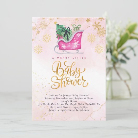 Roze Sleigh Een vrolijk klein Baby shower Kaart (Staand voorkant)