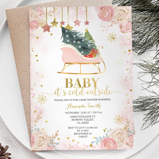 Roze Sleigh Floral Winter Baby shower Invitation Kaart