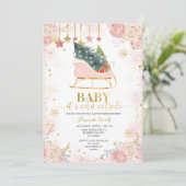 Roze Sleigh Floral Winter Baby shower Invitation Kaart (Staand voorkant)