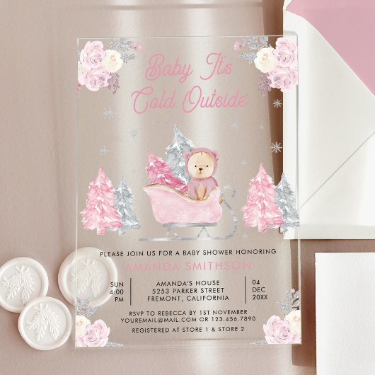 Roze Sleigh Schattige Teddy Bear Baby shower Acryl Uitnodigingen