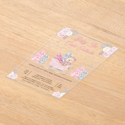 Roze Sleigh Schattige Teddy Bear Baby shower Acryl Uitnodigingen (Laagn)