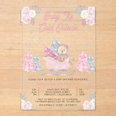 Roze Sleigh Schattige Teddy Bear Baby shower Acryl Uitnodigingen (Voorkant)