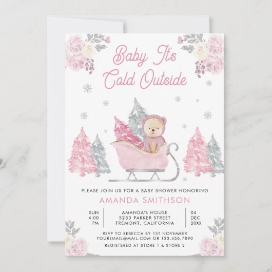Roze Sleigh Schattige Teddy Bear Baby shower Kaart (Voorkant)