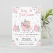 Roze Sleigh Schattige Teddy Bear Baby shower Kaart (Staand voorkant)
