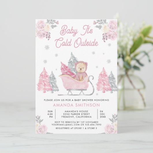 Roze Sleigh Schattige Teddy Bear Baby shower Kaart (Staand voorkant)