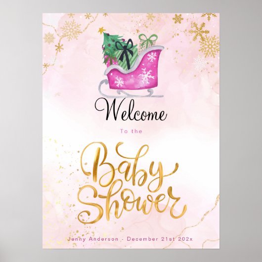 Roze Sleigh Winter Baby shower Welkom Poster (Voorkant)
