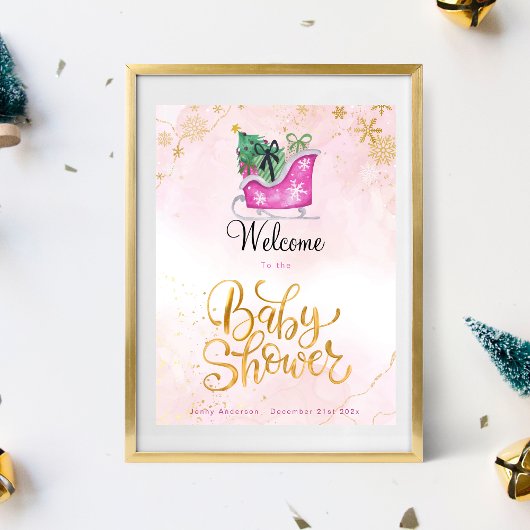 Roze Sleigh Winter Baby shower Welkom Poster