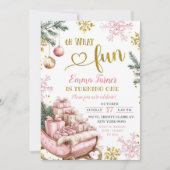 Roze Sleigh Winter Eerste Verjaardag Kaart (Voorkant)