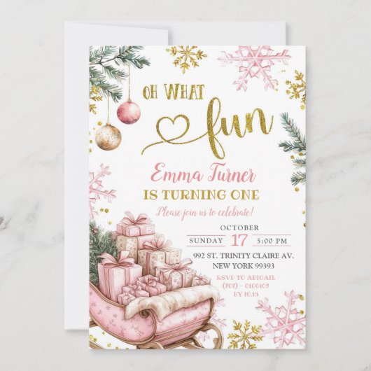 Roze Sleigh Winter Eerste Verjaardag Kaart (Voorkant)