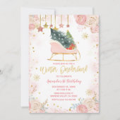  Roze Sleigh Winter Onederland Birthday Invitation Kaart (Voorkant)