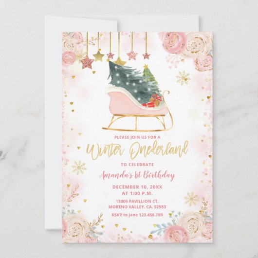  Roze Sleigh Winter Onederland Birthday Invitation Kaart (Voorkant)