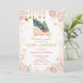 Roze Sleigh Winter Onederland Birthday Invitation Kaart (Staand voorkant)