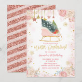  Roze Sleigh Winter Onederland Birthday Invitation Kaart (Voorkant / Achterkant)