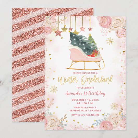  Roze Sleigh Winter Onederland Birthday Invitation Kaart (Voorkant / Achterkant)