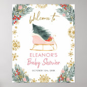 Roze Sleigh Winter Season Baby shower Welkomstbord Poster (Voorkant)