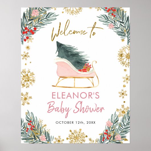 Roze Sleigh Winter Season Baby shower Welkomstbord Poster (Voorkant)