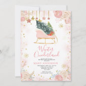 Roze Sleigh Winter Snowy Onederland 1e verjaardag Kaart (Voorkant)