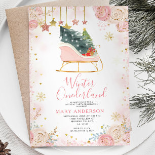 Roze Sleigh Winter Snowy Onederland 1e verjaardag Kaart