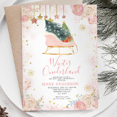 Roze Sleigh Winter Snowy Onederland 1e verjaardag Kaart