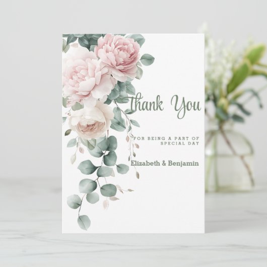 Roze slinger pioenen eucalyptus blad Dank u Kaart (Staand voorkant)