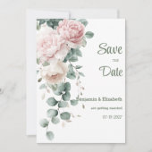 Roze slinger pioenen eucalyptus blad Save the Date Kaart (Voorkant)