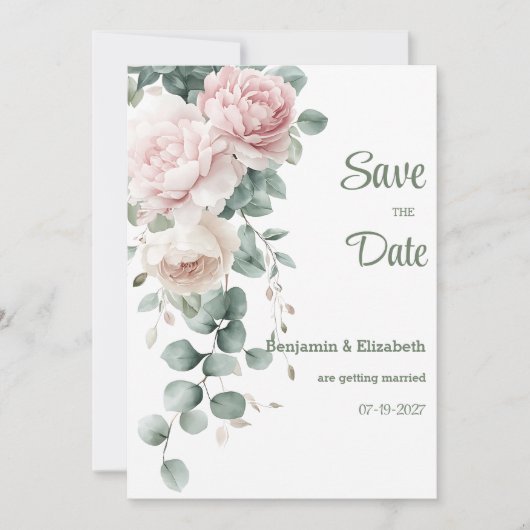 Roze slinger pioenen eucalyptus blad Save the Date Kaart (Voorkant)