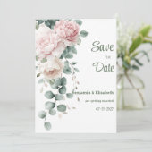 Roze slinger pioenen eucalyptus blad Save the Date Kaart (Staand voorkant)
