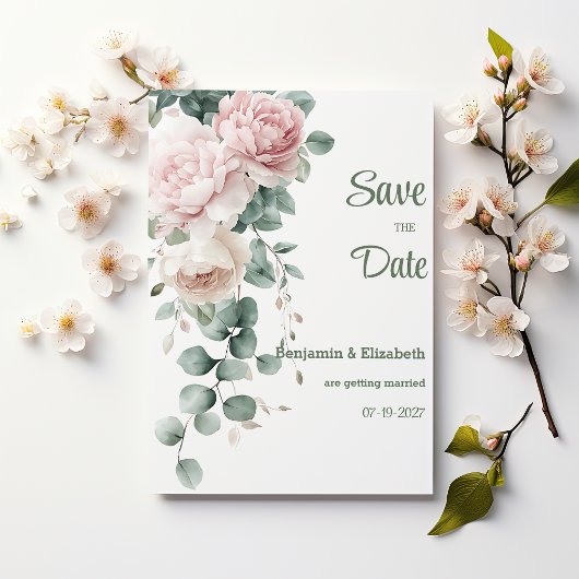 Roze slinger pioenen eucalyptus blad Save the Date Kaart