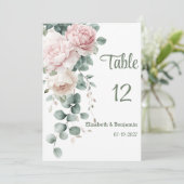 Roze slinger pioenen eucalyptus blad Tabel Nummers Kaart (Staand voorkant)