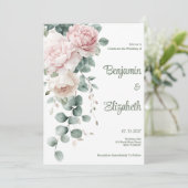 Roze slinger pioenen eucalyptus blad Trouwen Kaart (Staand voorkant)