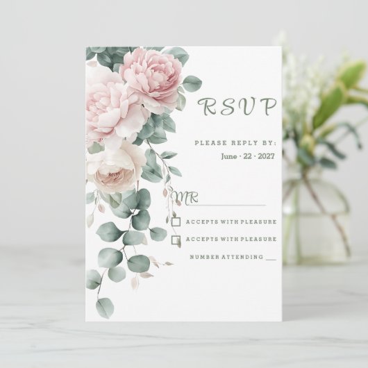 Roze slinger pioenen eucalyptusblad RSVP Kaart (Staand voorkant)