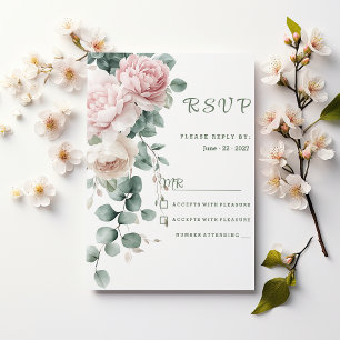 Roze slinger pioenen eucalyptusblad RSVP Kaart