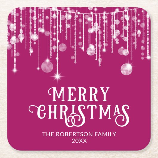 Roze slingerlichten Kerstfeest Kartonnen Onderzetters (Voorkant)