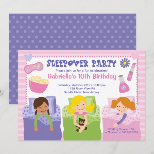 Roze Slumber Party Fun Birthday Uitnodiging (Voorkant / Achterkant)