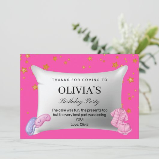 Roze Slumber Party Verjaardagsfeestje Dank je wel  Bedankkaart (Staand voorkant)