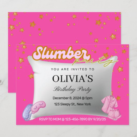 Roze Slumber Party Verjaardagsfeestje Uitnodiging (Voorkant / Achterkant)