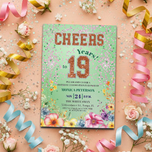 Roze Smaragd Glitter Bloem 19e Verjaardagsfeestje Kaart