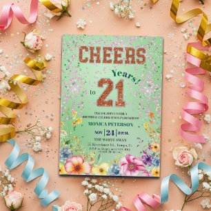 Roze Smaragd Glitter Bloem 21e Verjaardagsfeestje Kaart