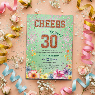Roze Smaragd Glitter Bloem 30e Verjaardagsfeestje Kaart