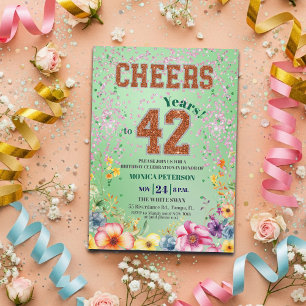 Roze Smaragd Glitter Bloem 42e Verjaardagsfeestje Kaart