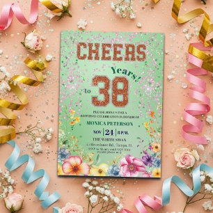 Roze Smaragd Glitter Bloemige 38e Verjaardagsfeest Kaart