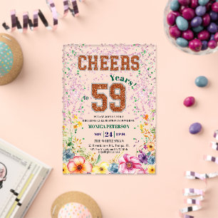 Roze Smaragd Glitter Bloemige 59e Verjaardagsfeest Acryl Uitnodigingen