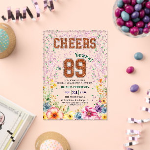 Roze Smaragd Glitter Bloemige 89e Verjaardagsfeest Acryl Uitnodigingen