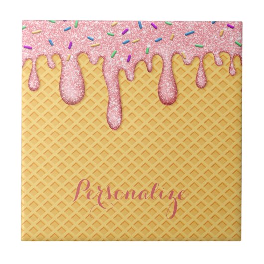 Roze Smeltende Ice Cream Cone Zoet Dessert Tegeltje (Voorkant)