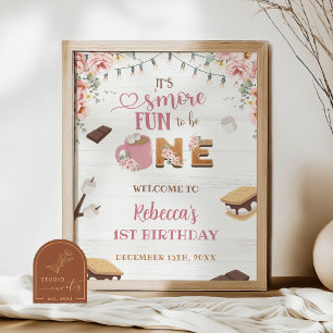 Roze S'more Meisje 1e Verjaardag Welkom Bord Poste Poster